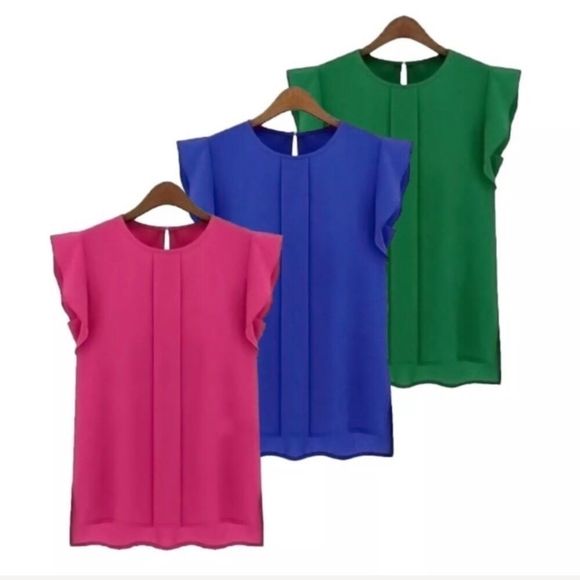 Green Chiffon Flutter Sleeve Cap Sleeve Blouse L or XL - Picture 2 of 8